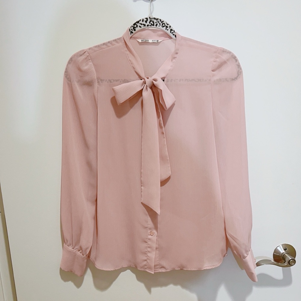 Maya Pink Tie Front Blouse with Peter Pan Collar